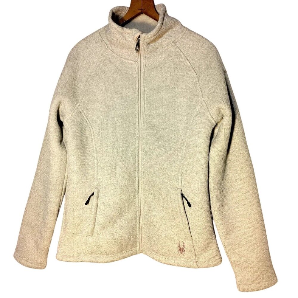 Spyder Knit Sweater Jacket Women M Oatmeal Heather Full Zip Sherpa Lined READ